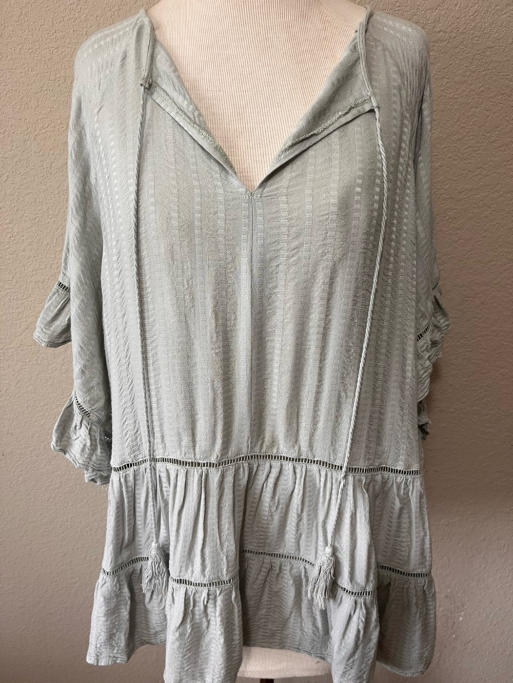 Gigi’s Oversized Light Sage Tiered Boho Peasant Top